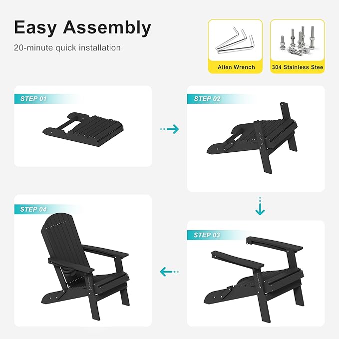 HDPE Foldable Adirondack Outdoor Chair Set of 4 with Cup Holder, Weather Resistant Heavy-Duty Patio Chair for Patio, Backyard, Deck, Fire Pit, Lawn and Porch, Black