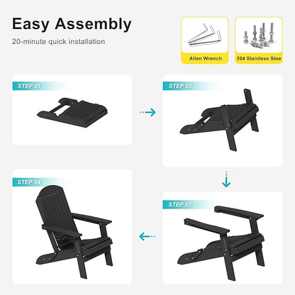 HDPE Foldable Adirondack Outdoor Chair Set of 4 with Cup Holder, Weather Resistant Heavy-Duty Patio Chair for Patio, Backyard, Deck, Fire Pit, Lawn and Porch, Black