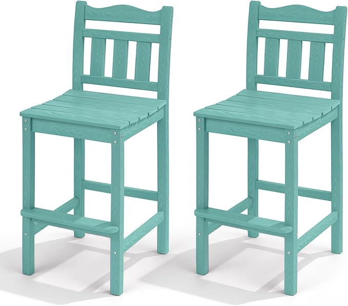 Outdoor Bar Stools Set of 2, HDPE Tall Adirondack Bar Chairs 27.5 Inch Seat Height w/Backrest, All Weather Patio Bar Height Chairs for Bistro Balcony Deck Poolside (Aruba Blue)
