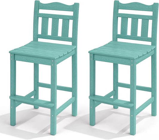 Outdoor Bar Stools Set of 2, HDPE Tall Adirondack Bar Chairs 27.5 Inch Seat Height w/Backrest, All Weather Patio Bar Height Chairs for Bistro Balcony Deck Poolside (Aruba Blue)