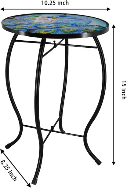 Side Table Outdoor Round End Table Metal Patio Table Glass Coffee Tea Table Nightstand for Living Room Bedroom Indoor Outdoor Use