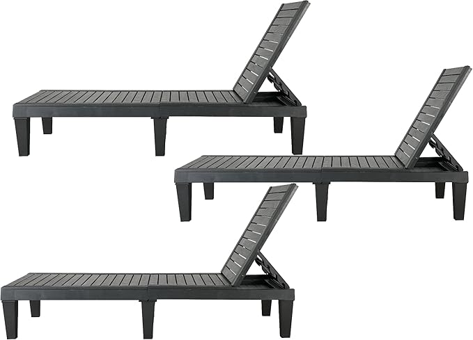 BTEXPERT Set of 3,Foldable Outdoor Chaise Lounge Pool Chair Folding Sun Bed Patio Couch Reclining Lounger Adjustable Backrest Tanning Waterproof Lightweight Seating Capacity 330lb Black