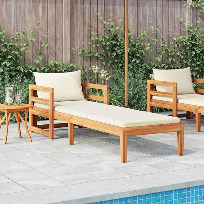 Acacia Wood Sun Lounger with Cushions, Patio Outdoor Chaise Lounge Chair for Poolside Garden Backyard - Photo 3