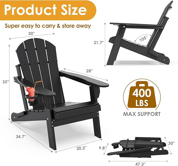 IVY&LANE Folding-Adirondack-Chair | HDPE Plastic | Outdoor Fire Pit Chairs with Cup Holder | Black | Poly | Weather Resistant | for Patio Deck Poolside Garden Beach