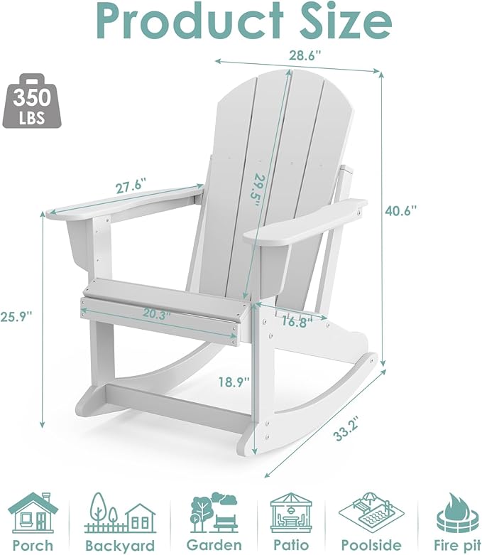 IVY&LANE Adirondack Rocking Chair | Porch-Rocker | HDPE Plastic | Weatherproof | White | for Outdoor Patio Deck Backyard