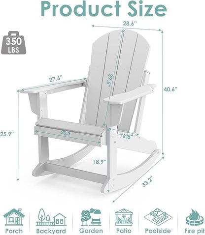 IVY&LANE Adirondack Rocking Chair | Porch-Rocker | HDPE Plastic | Weatherproof | White | for Outdoor Patio Deck Backyard