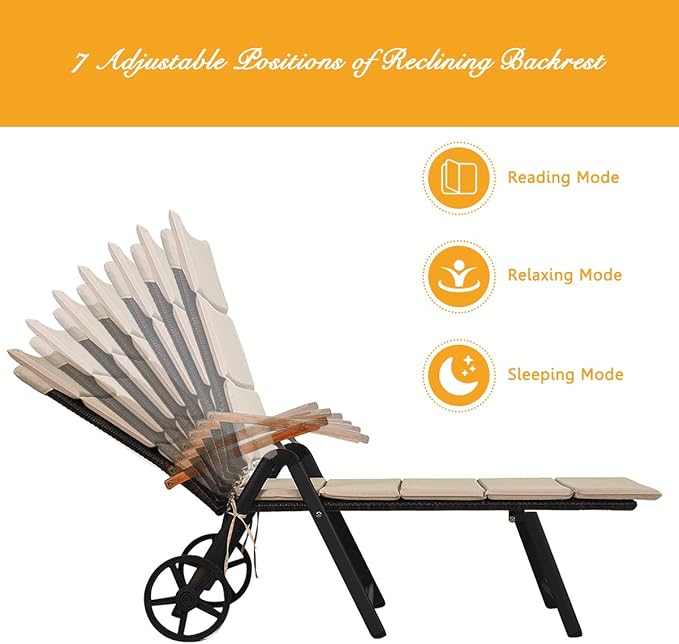 Tangkula Foldable Outdoor Chaise Lounger, Wicker Lounger Chair with Aluminum Black Frame, Wheels for Easy Moving - Photo 5