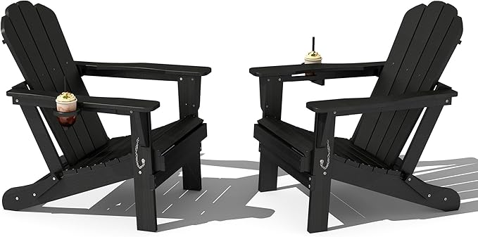 Domi Folding Adirondack Chair Set of 2, HDPE All-Weather Adirondack Chairs with Cup Holder, Outdoor Plastic Fire Pit Chairs Wood Texture for Poolside, Patio, Backyard, Deck (Black)