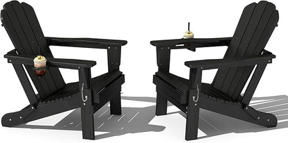 Domi Folding Adirondack Chair Set of 2, HDPE All-Weather Adirondack Chairs with Cup Holder, Outdoor Plastic Fire Pit Chairs Wood Texture for Poolside, Patio, Backyard, Deck (Black)