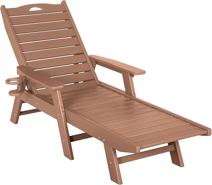 nalone Chaise Lounge Outdoor with 5-Position Adjustable Backrest & Cup Holder, HDPE Lounge Chair for Outside Supports Up to 400 LBS, Pool Lounge Chairs for Patio Poolside Deck Beach Backyard (Teak)