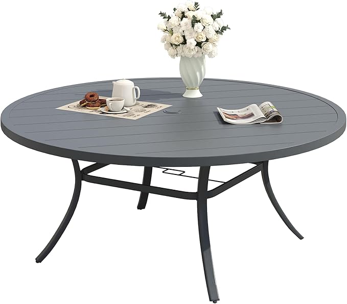 Patio Dining Table for 6-8, Round Metal Outdoor Table with 1.57" Umbrella Hole, 50" Outdoor Slat Tabletop Dining Table for Backyard, Porch, Lawn, Dark Grey