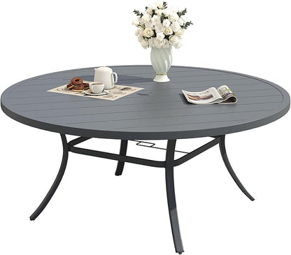Patio Dining Table for 6-8, Round Metal Outdoor Table with 1.57" Umbrella Hole, 50" Outdoor Slat Tabletop Dining Table for Backyard, Porch, Lawn, Dark Grey