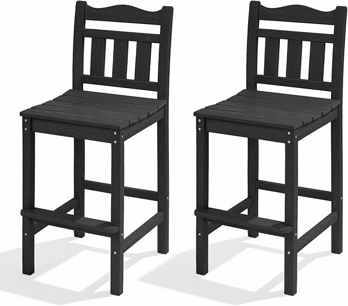 Outdoor Bar Stools Set of 2, HDPE Tall Adirondack Bar Chairs 27.5 Inch Seat Height w/Backrest, All Weather Patio Bar Height Chairs for Bistro Balcony Deck Poolside (Black)