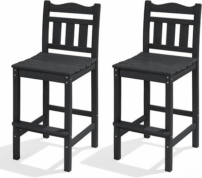 Outdoor Bar Stools Set of 2, HDPE Tall Adirondack Bar Chairs 27.5 Inch Seat Height w/Backrest, All Weather Patio Bar Height Chairs for Bistro Balcony Deck Poolside (Black)
