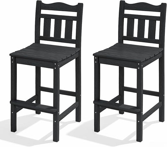 Outdoor Bar Stools Set of 2, HDPE Tall Adirondack Bar Chairs 27.5 Inch Seat Height w/Backrest, All Weather Patio Bar Height Chairs for Bistro Balcony Deck Poolside (Black)