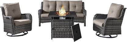 Belord 4 Piece Patio Wicker Furniture Set, Outdoor Swivel Rocker Chairs, All Weather Outdoor Patio Couch with Fire Pit Table for Deck Porch, Gray Wicker/Gray
