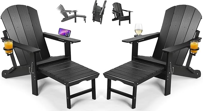PASAMIC Folding Adirondack Chairs Set of 2 with Retractable Ottoman, 5-Position Adjustable Backrest - Photo 1