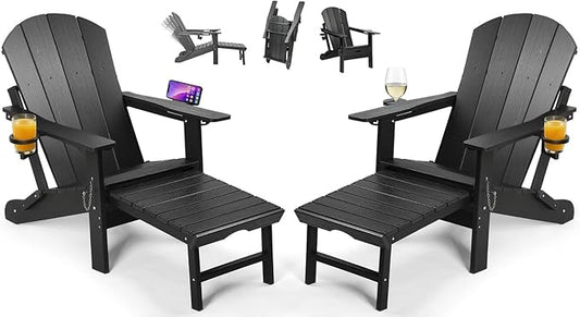 PASAMIC Folding Adirondack Chairs Set of 2 with Retractable Ottoman, 5-Position Adjustable Backrest, HDPE All-Weather Fire Pit Chairs with 2 Hidden Cup Holders, Wood-Look Outdoor Chairs (Black)