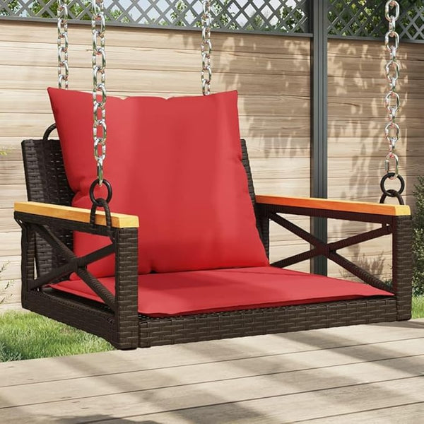 Brown Poly Rattan Outdoor Bench with Red Cushions, Patio Swing for Garden or Balcony, Comfortable Seating for One Person - Photo 1