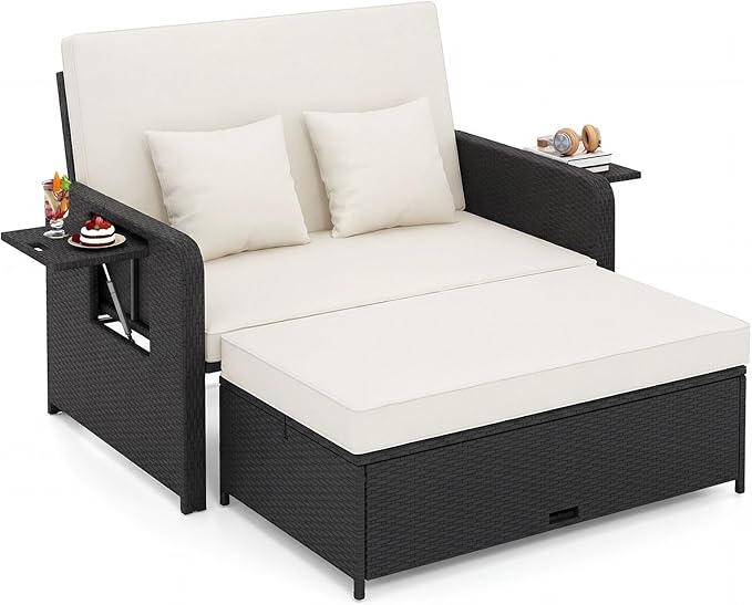 COSTWAY Patio Rattan Daybed with Cushions, Outdoor Wicker Loveseat Sofa with Storage Ottoman - Photo 1