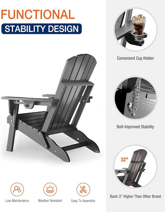 Adirondack Chair Outdoor Patio Backyard: Plastic HDPE Material with Folding - Weatherproof and UV Resistant - Ergonomic Design is Very Suitable for Family Members to Relax and Rest