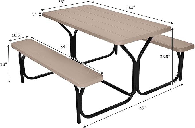 Giantex Picnic Table Bench Set Outdoor Camping All Weather Metal Base Wood-Like Texture Backyard Poolside Dining Party - Photo 3