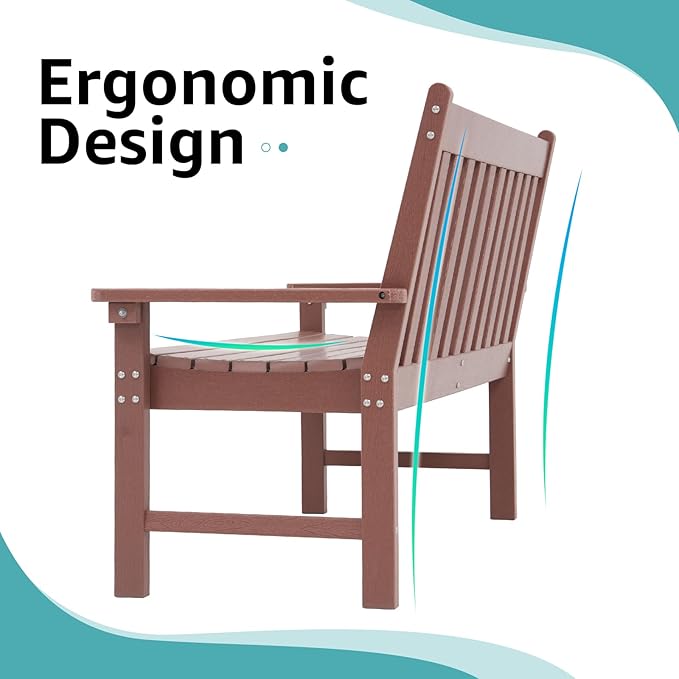 COBANA Outdoor Garden Bench, All Weather HDPE Patio Porch Bench with Faux Wood Grain Pattern, 2-Person Seat for Lawn, Park, Backyard, Entryway, Brown