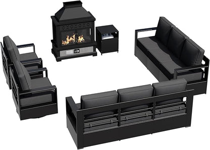 Outdoor Aluminum Furniture Set, 5-Piece Patio Conversation Set, 2 Swivel Chairs, 2 Sofa and 1 Fireplace, All-Weather Metal Frame, 6" Thick Removable Cushions, Deep Setting for Garden and Porch
