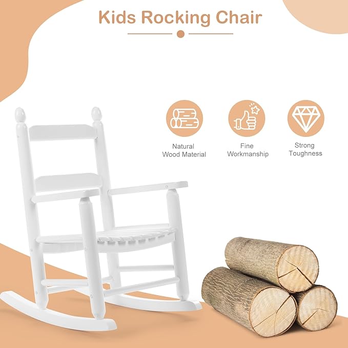 Outvita Outdoor Children's Rocking Chair, All-Weather Wooden Porch Rocker with High Backrest, Ideal for Garden, Yard, and Balcony, Patio Rocking Chair Suitable for Kids Ages 3-6(White)