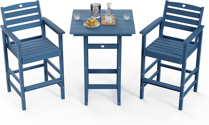 3-Piece Bar Height Patio Table and Chairs Set, HDPE Wood Grain Outdoor Bar Table and Chairs with Heart Cutout Design - Photo 8