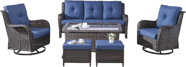 Rilyson Wicker Patio Furniture Set - 6 Piece Rattan Outdoor Sectional Conversation Sets with 2 Swivel Rocking Chairs - Photo 1