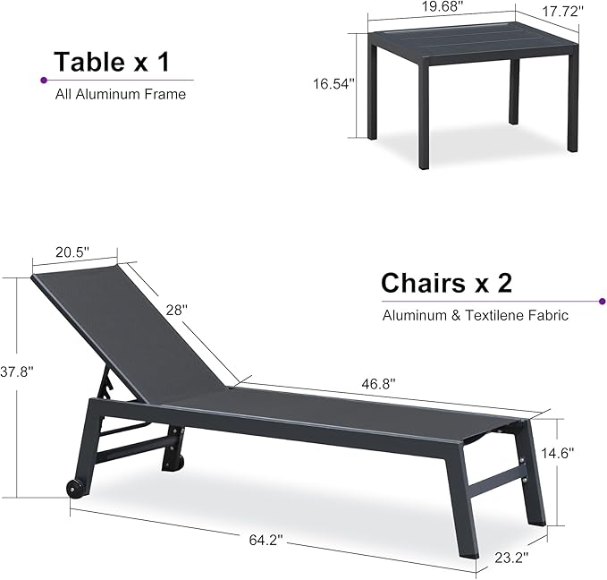 PURPLE LEAF Patio Chaise Lounge Set for 2 Outdoor Chaise Lounge Chair with Aluminum Frame and Wheels Pool Lounge Chairs for Deck Yard Poolside Table Included, Dark Grey