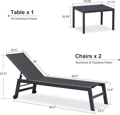 PURPLE LEAF Patio Chaise Lounge Set for 2 Outdoor Chaise Lounge Chair with Aluminum Frame and Wheels Pool Lounge Chairs for Deck Yard Poolside Table Included, Dark Grey