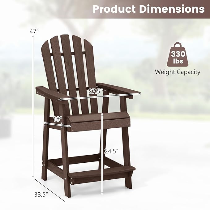 Giantex Tall Adirondack Chair Set of 2, HDPE Outdoor Bar Stools with Armrests, 4.5” Wide Footrest, Patio Adirondack Barstools, All-Weather Balcony Chairs for Poolside, Garden, Backyard (2, Brown)