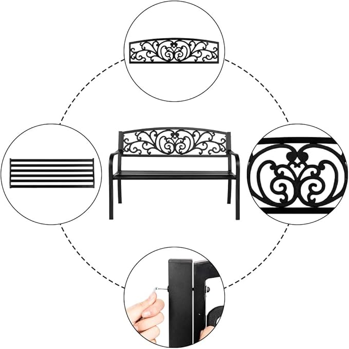 50" Outdoor Garden Bench, Antique Metal Outside Bench w/ Courtyard Decoration Park , Cast Iron Metal Frame Patio Park Bench,Elegant Bronze Finish and Durable Iron Frame for Park Yard Porch Chair,Black