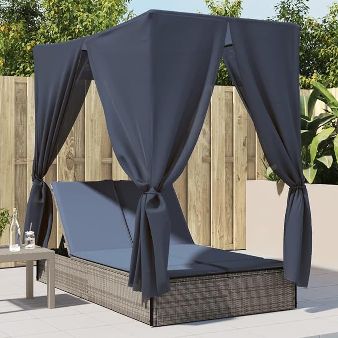 Double Chaise Lounge 78.7"x44.9"x77.2" Gray PE Rattan Adjustable Backrest UV Roof Curtains Navy Cushion Pool Garden - Photo 1