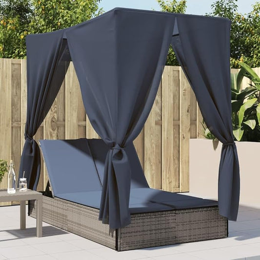 Double Chaise Lounge 78.7"x44.9"x77.2" Gray PE Rattan Adjustable Backrest UV Roof Curtains Navy Cushion Pool Garden