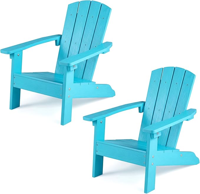 KOTEK Kids Adirondack Chair Set of 2, Plastic Toddler Lawn Chair with Ergonomic Seat, Wood-Grain Texture, Easy to Assemble, All-Weather Outdoor Kids Chairs for Patio, Garden, Backyard (Turquoise)