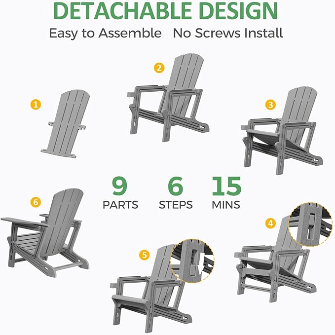 Modern Adirondack Chair, HDPE Plastic Adirondack Chairs, Plastic Outdoor Lawn Chairs for Fire Pit, Deck, Porch, Backyard, Garden, Grey