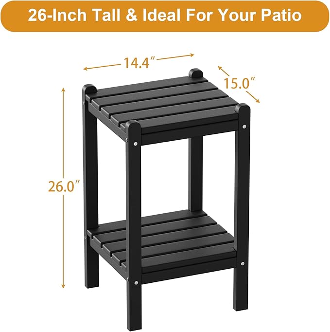 Outdoor Side Table, 26-Inch Tall Adirondack Patio Side Table, All-Weather HDPE Outdoor End Table for Porch Deck Balcony Pool, Easy Maintenance, Black