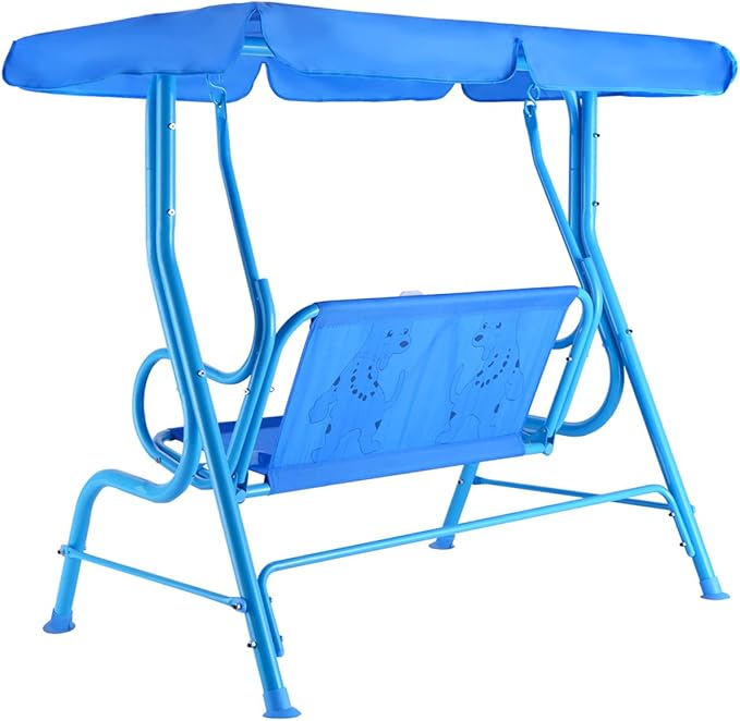 Costzon Kids Porch Swing, All-Weather Patio Swing Bench Hammock w/Adjustable Canopy & Safety Belts for 2 Children - Photo 9