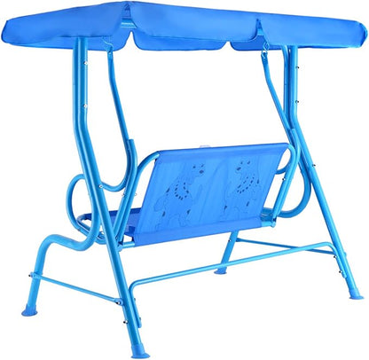 Costzon Kids Porch Swing, All-Weather Patio Swing Bench Hammock w/Adjustable Canopy & Safety Belts for 2 Children, Outdoor Swing for Backyard Garden Balcony Poolside (Blue, Puppy Pattern)