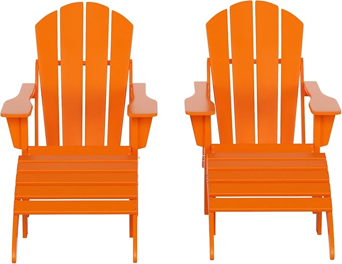 WestinTrends Malibu Outdoor Lounge Chair Set, 4-Pieces Adirondack Chair Set of 2 with Ottoman, All Weather Poly Lumber Patio Lawn Folding Chair for Outside Pool Beach, Orange