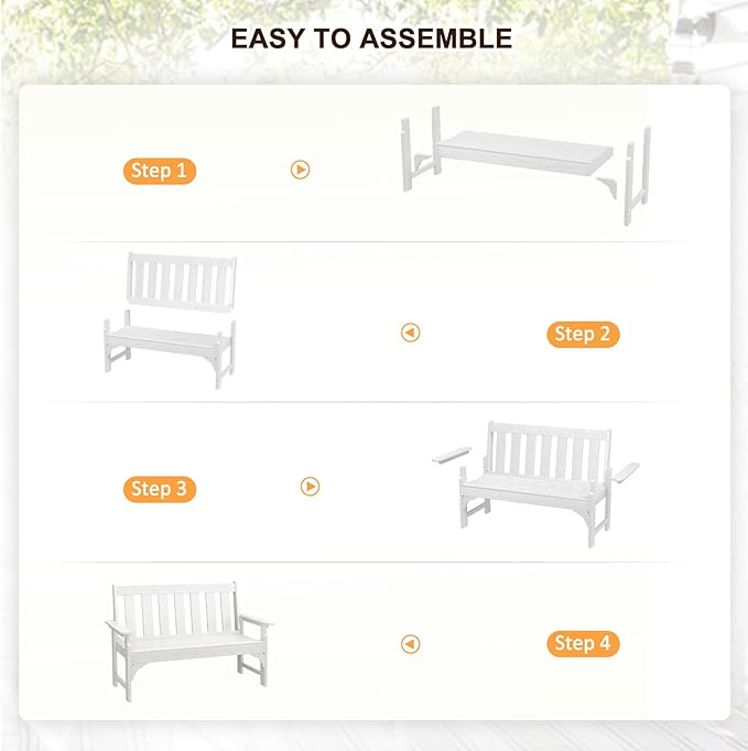 nalone Outdoor Bench, HDPE All Weather Patio Bench Load up to 800 Lbs, 2-Person Garden Bench Rot-Proof Fade Proof for Patio, Porch, and Park (White)