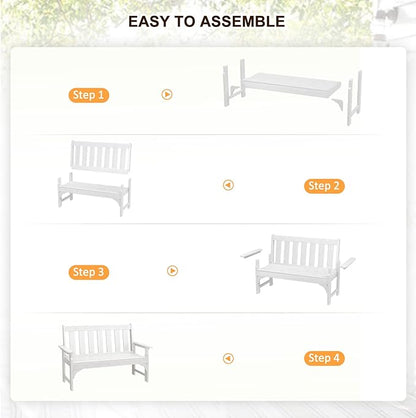 nalone Outdoor Bench, HDPE All Weather Patio Bench Load up to 800 Lbs, 2-Person Garden Bench Rot-Proof Fade Proof for Patio, Porch, and Park (White)