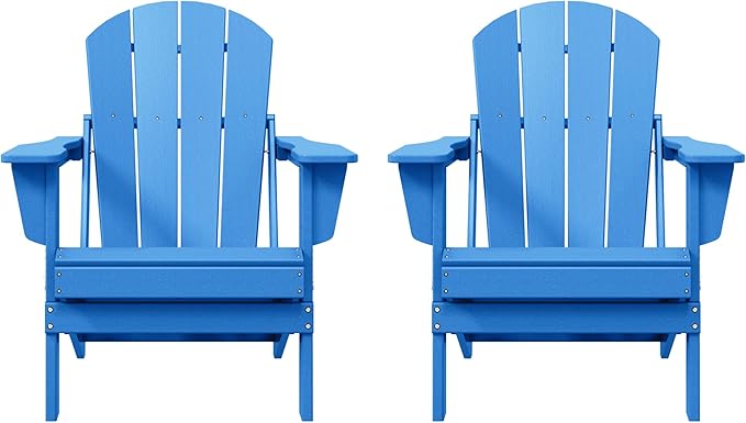 Costaelm Folding Patio Chairs Set of 2, Hdpe Adirondack Chairs Front Porch Furniture Outdoor Seating, All Weather Tanning Chair for Backyard Firepit Garden Lawn, Pacific Blue