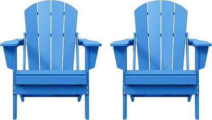 Costaelm Folding Patio Chairs Set of 2, Hdpe Adirondack Chairs Front Porch Furniture Outdoor Seating, All Weather Tanning Chair for Backyard Firepit Garden Lawn, Pacific Blue