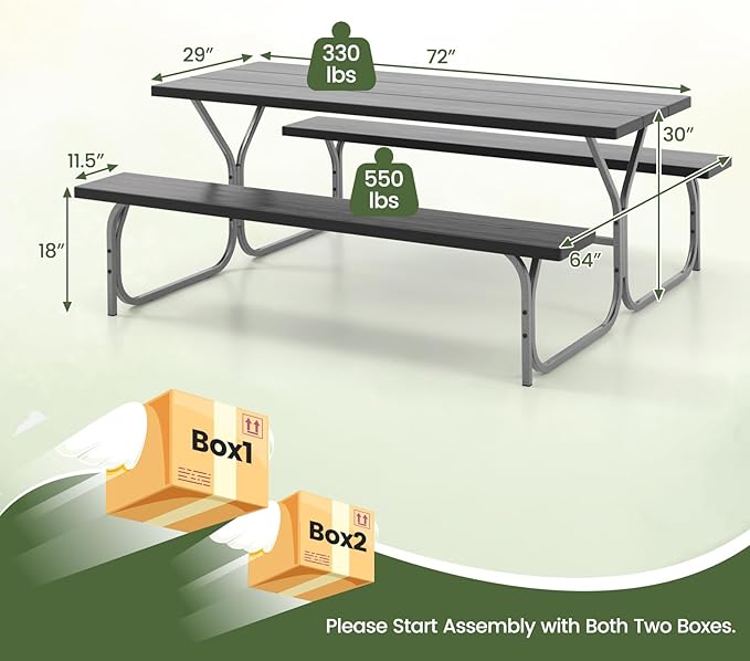Giantex 6FT Picnic Table Bench Set Outdoor Camping All Weather Metal Base Wood-Like Texture Backyard Poolside Dining Party Garden Patio Lawn Deck Furniture Large Camping Picnic Tables for Adult, Black