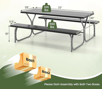 Giantex 6FT Picnic Table Bench Set Outdoor Camping All Weather Metal Base Wood-Like Texture Backyard Poolside Dining Party Garden Patio Lawn Deck Furniture Large Camping Picnic Tables for Adult, Black