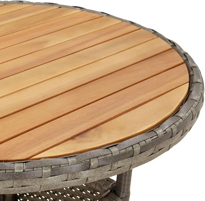 Garden Table with Grey Poly Rattan Round Top and Solid Acacia Wood Base - Photo 6